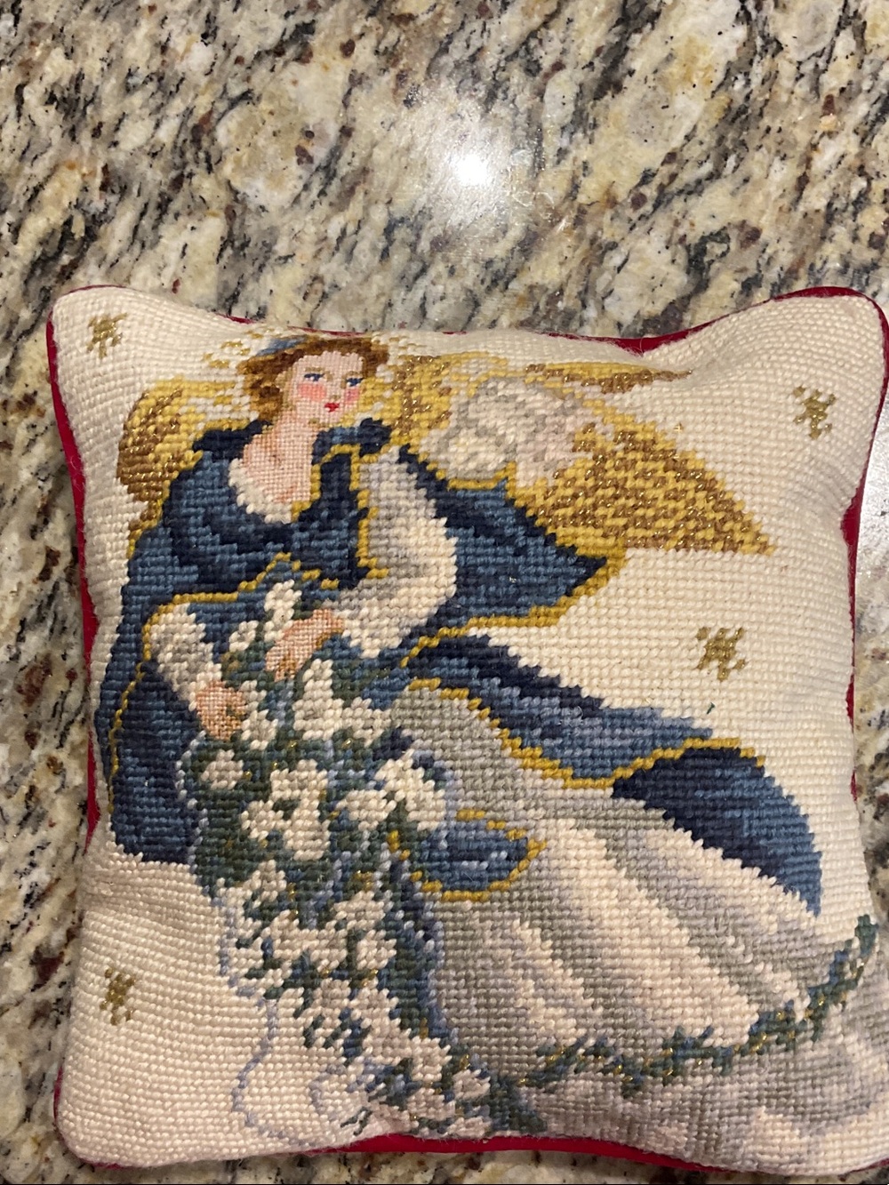Embroidered Angel Needlepoint Pillow - Blue, Gold, Cream 10”x10”